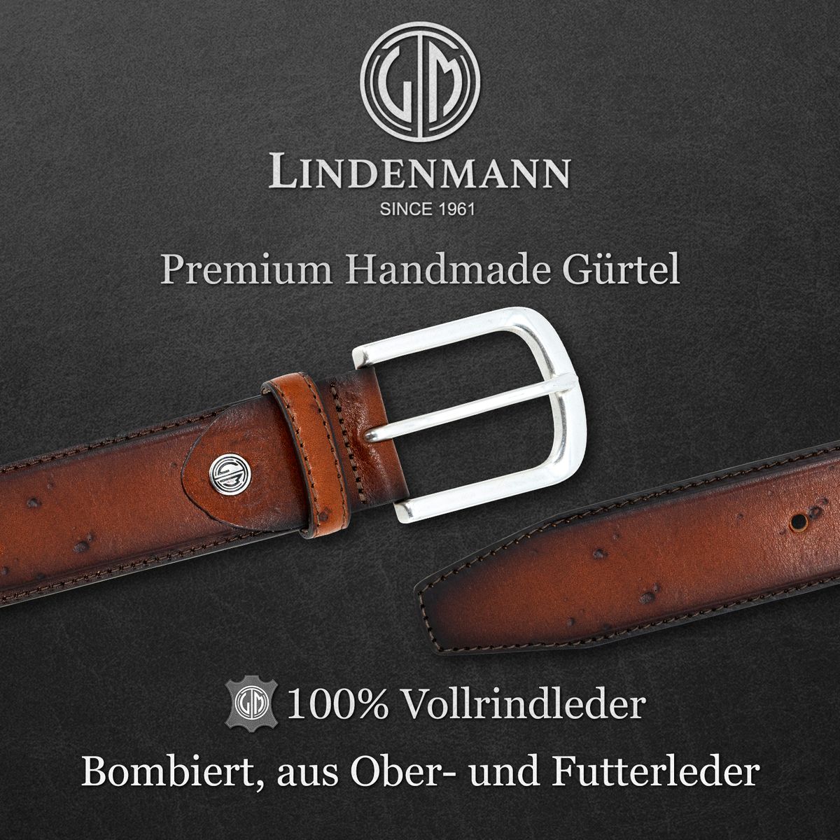 LINDENMANN Handmade Rindleder Herrengürtel Nussbraun