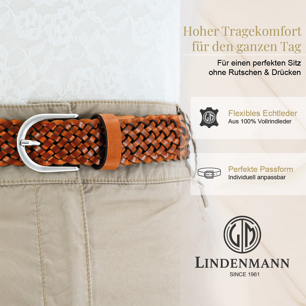 LINDENMANN Vollrindleder Damenlederflechtgürtel Cognac