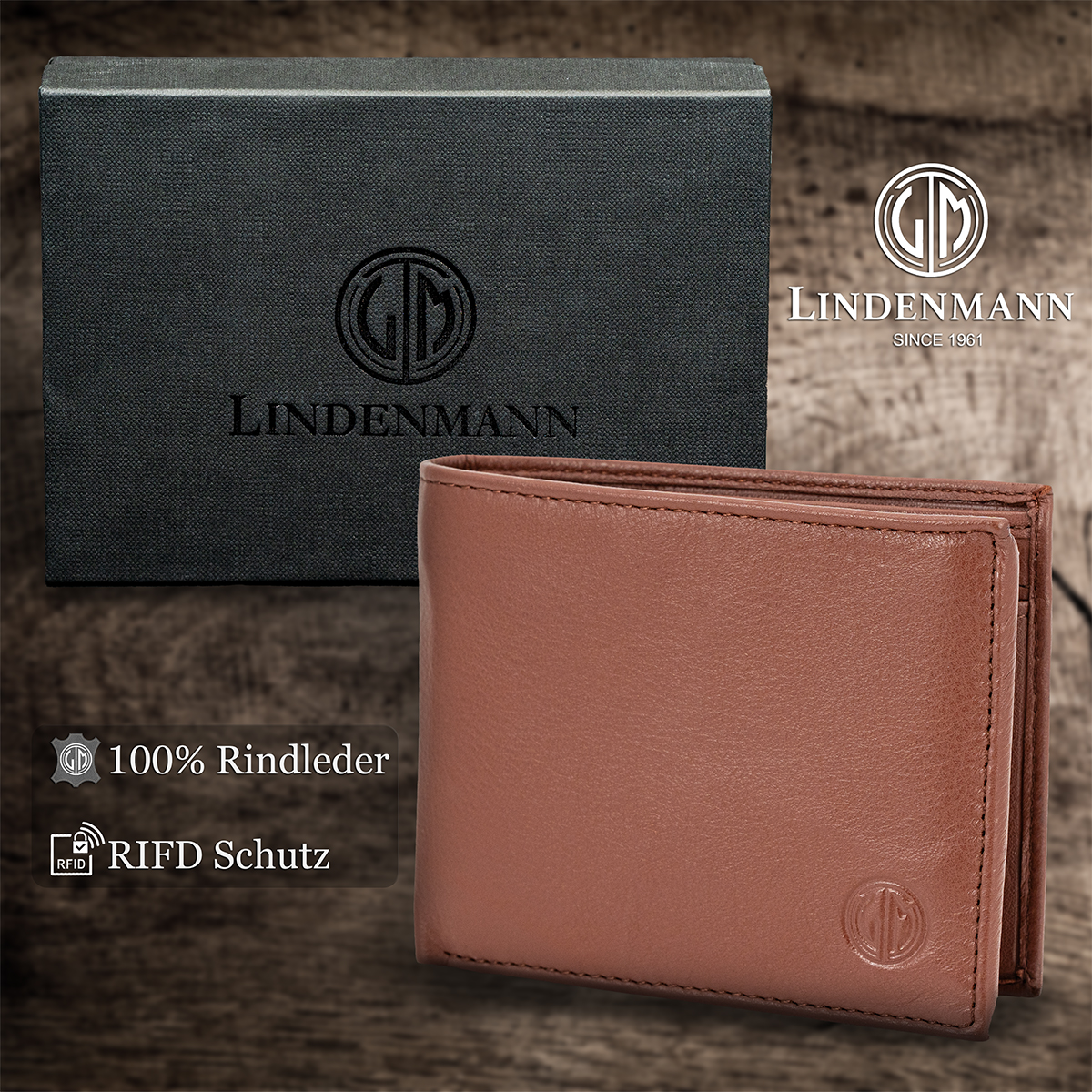LINDENMANN Herren Leder Portemonnaie cognac