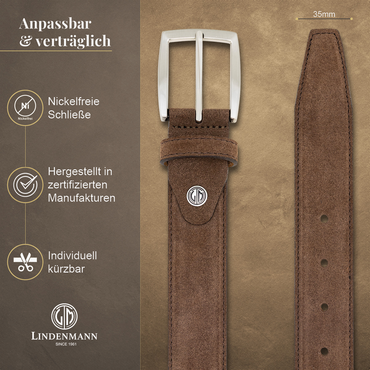 LINDENMANN Herrengürtel aus 100% Velours-Vollrindleder dunkelbraun