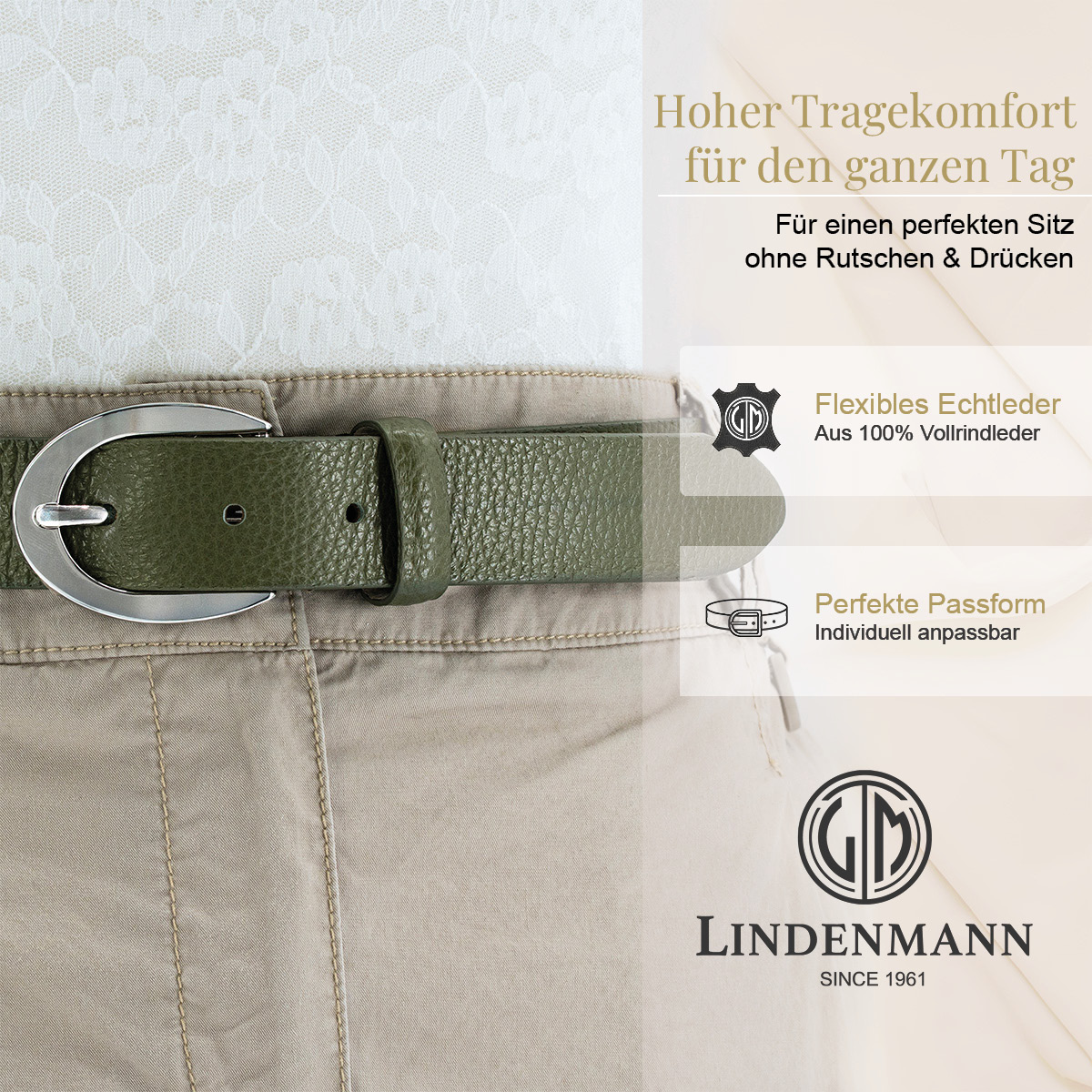 LINDENMANN Vollrindleder Damengürtel Olivgrün