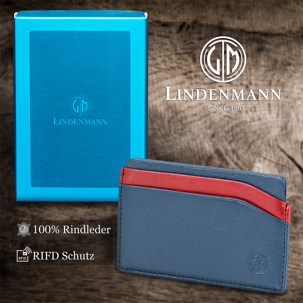 LINDENMANN Leder-Cardholder blau rot