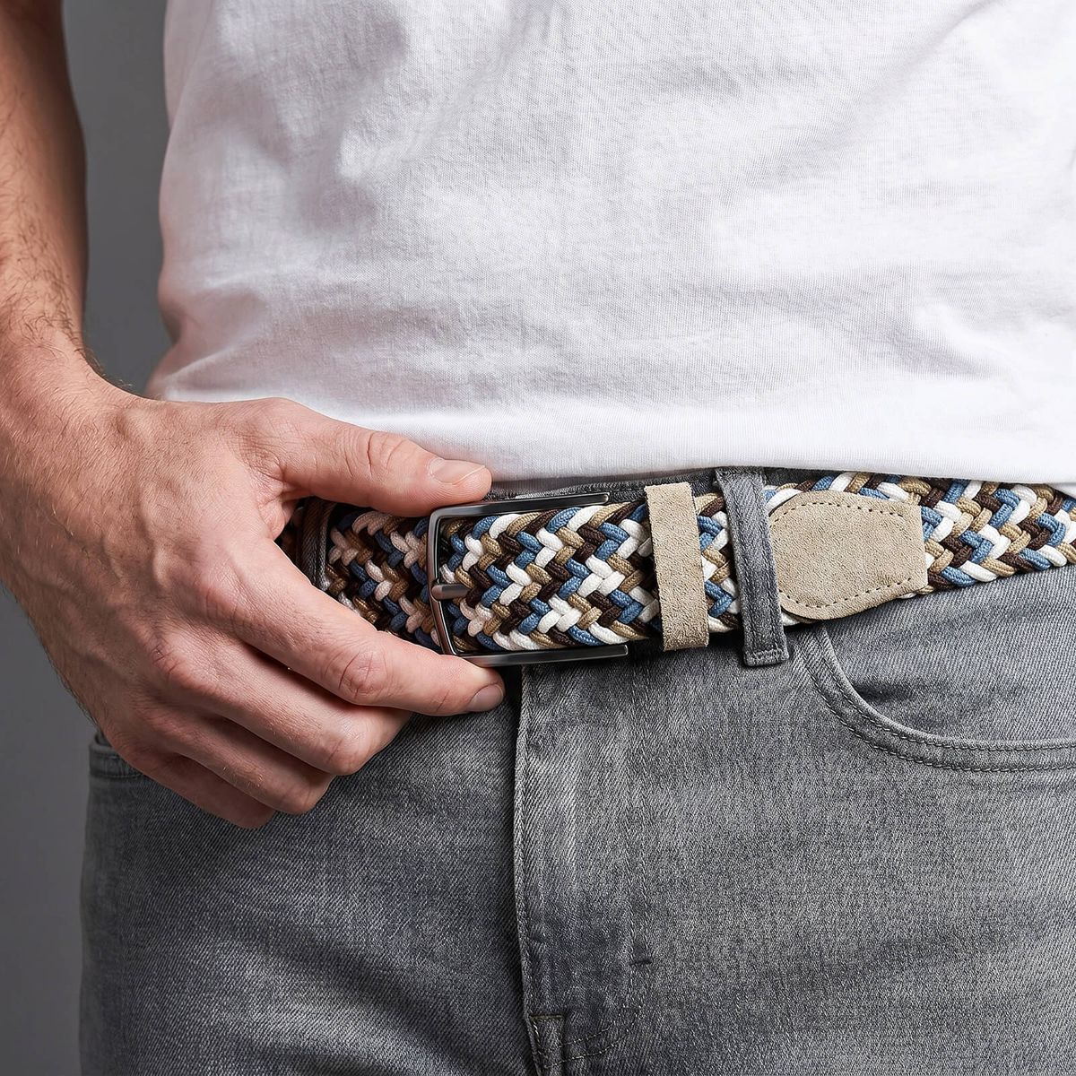 LINDENMANN Herren Flechtgürtel mit Echtleder an den Enden mehrfarbig: taupe, dunkelbraun, jeansblau
