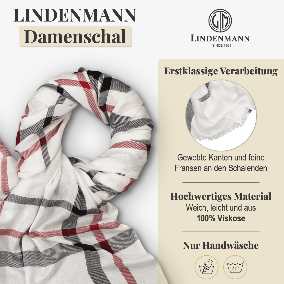 LINDENMANN Schal Damen weiss schwarz rot kariert