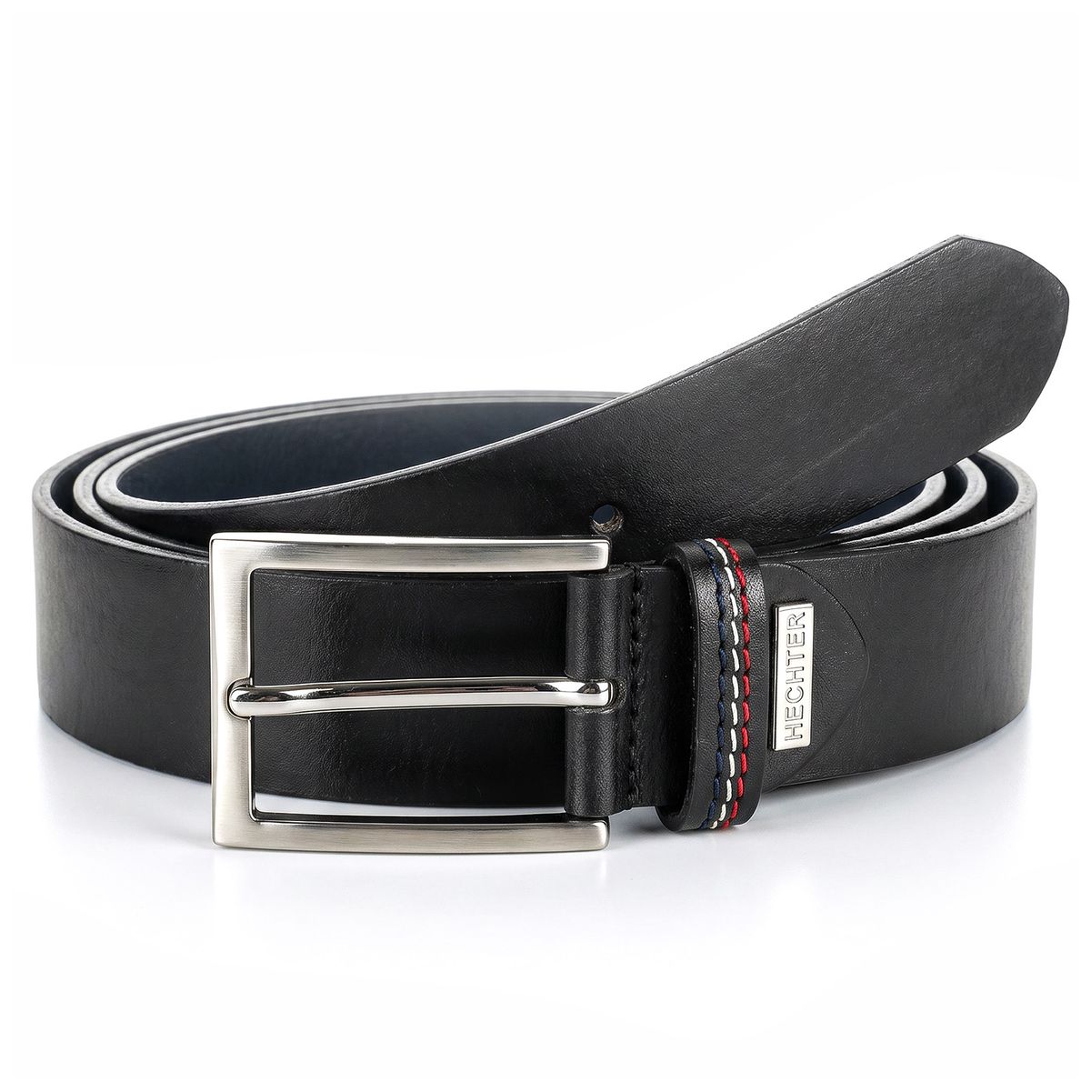 Gürtel, Ledergürtel, Schwarz, Metallic-Schnalle, Nähte-Detail, HECHTER Paris Herren klassischer 100% Echtledergürtel schwarz