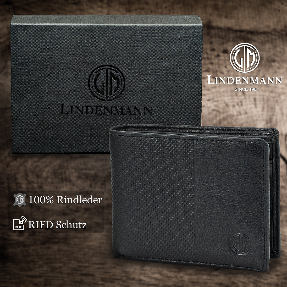 LINDENMANN Herren Leder Portemonnaie schwarz