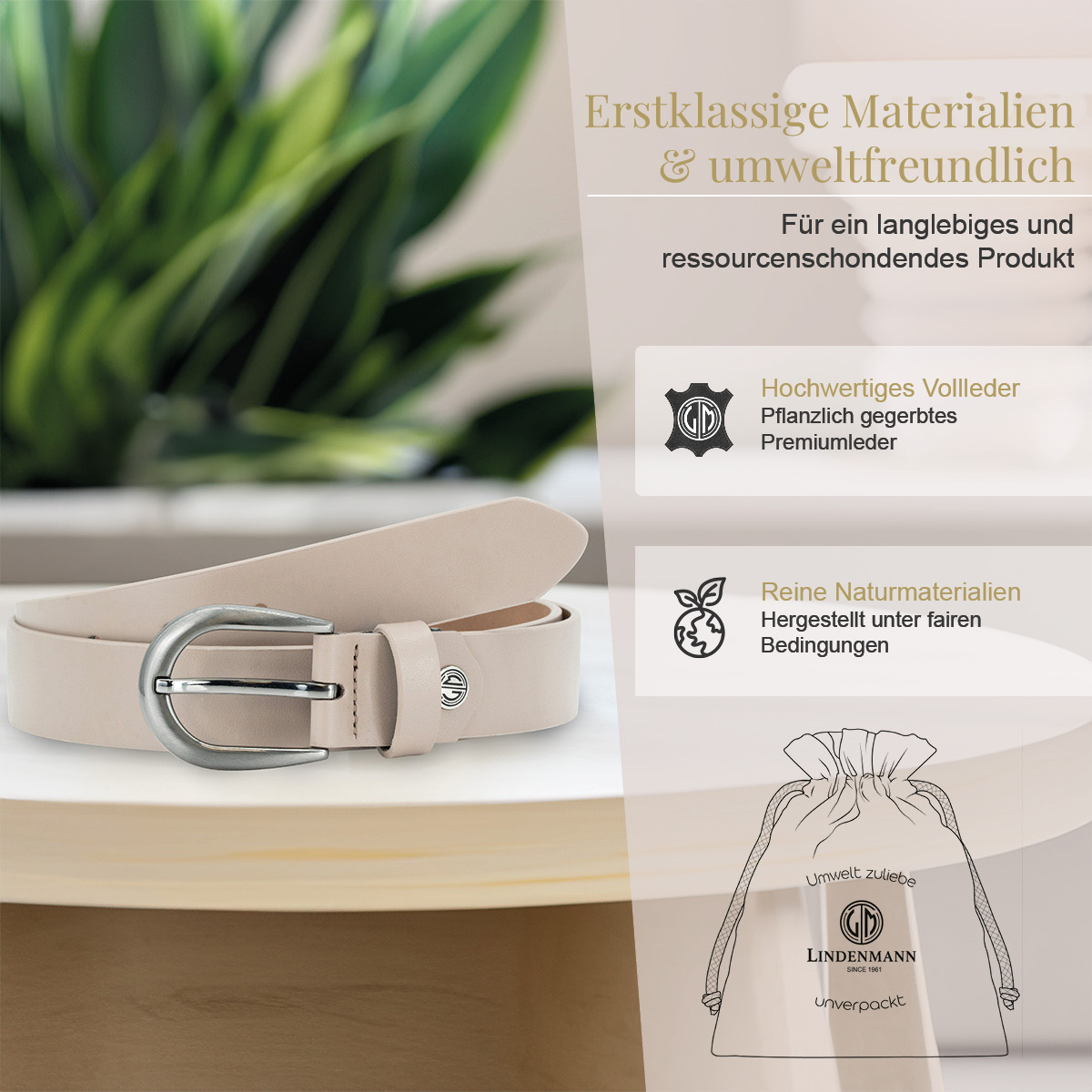 LINDENMANN Klassischer Damengürtel aus 100% Echtleder taupe
