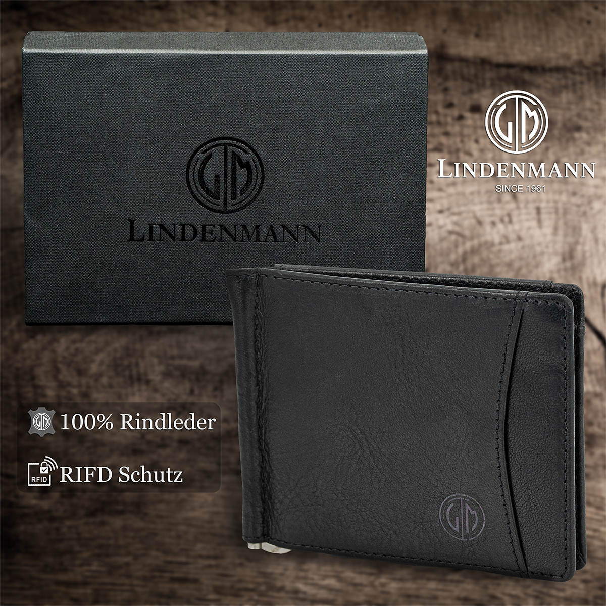 LINDENMANN Herren Leder Portemonnaie schwarz