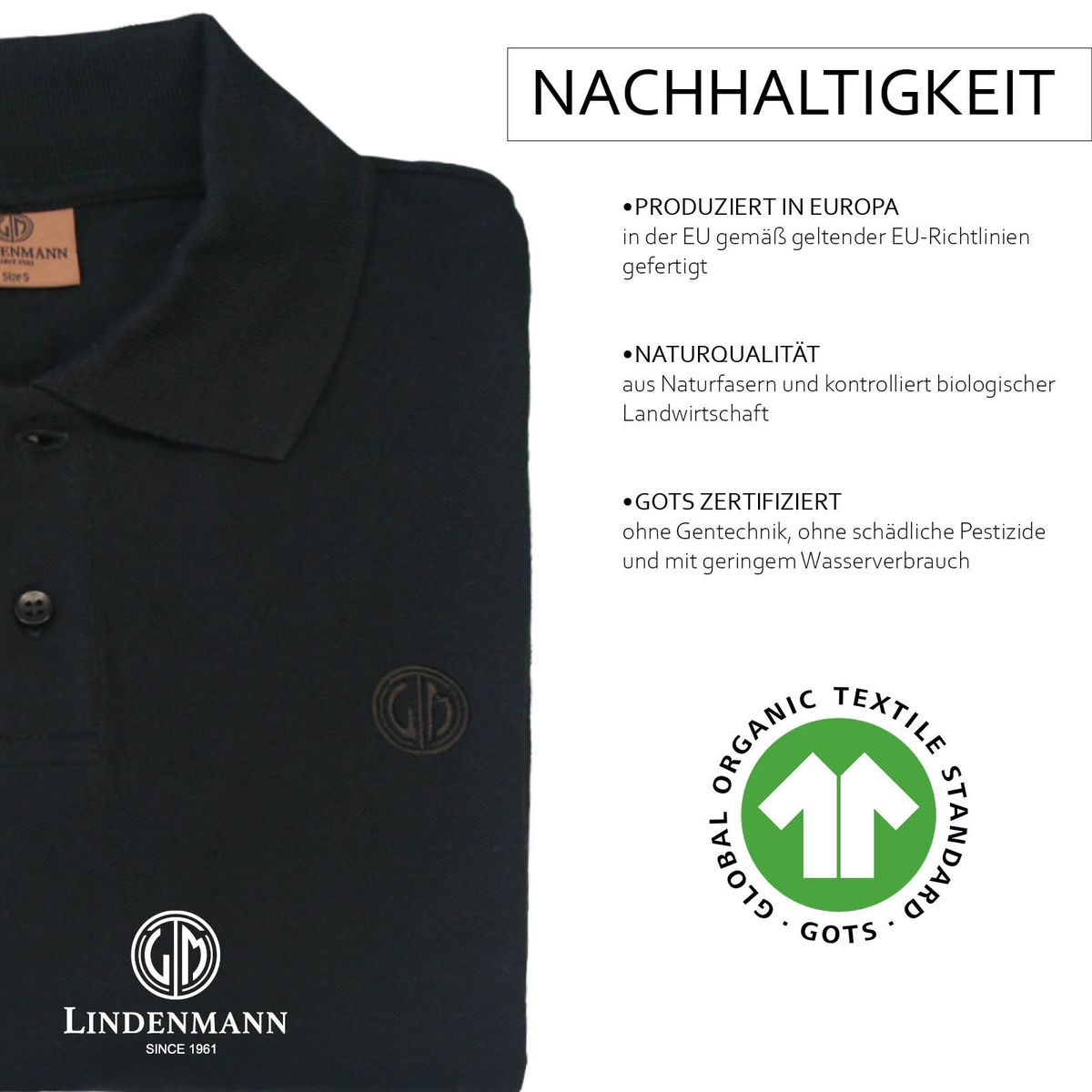 LINDENMANN Poloshirt Herren kurzarm schwarz blau Bio Baumwolle Made in EU