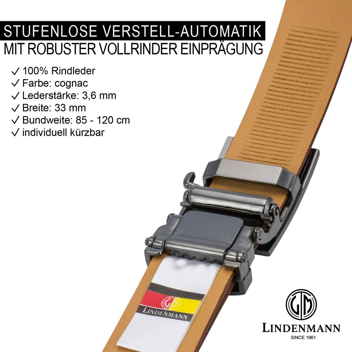 LINDENMANN Leder-Gürtel Automatik Herren 32 mm cognac