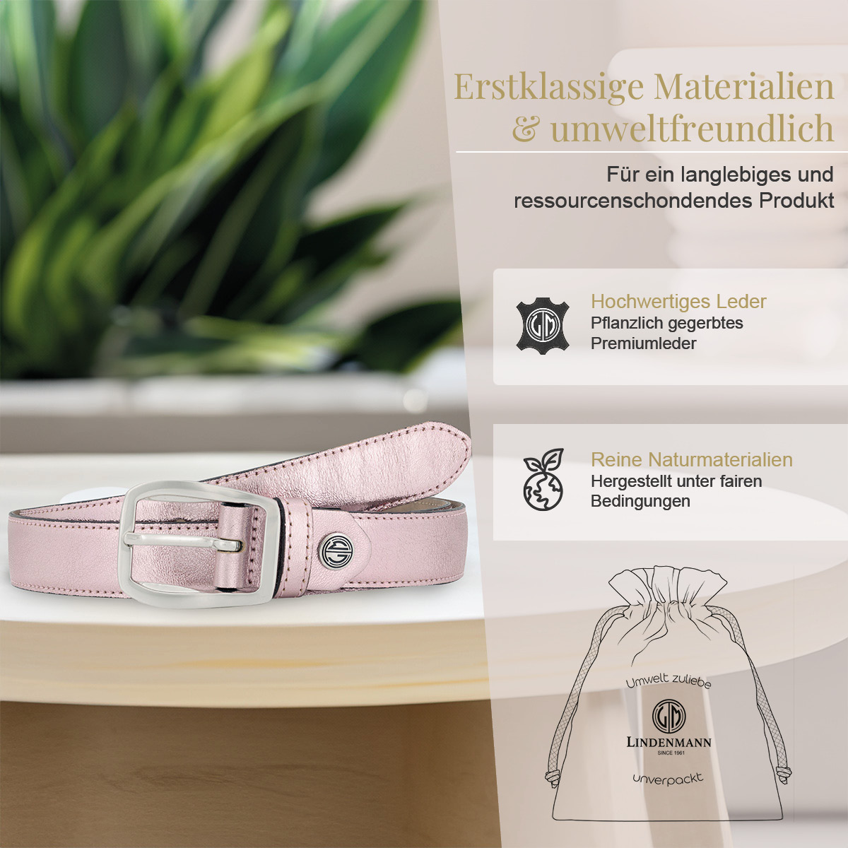 LINDENMANN Rindleder Damengürtel Rosa Metallic