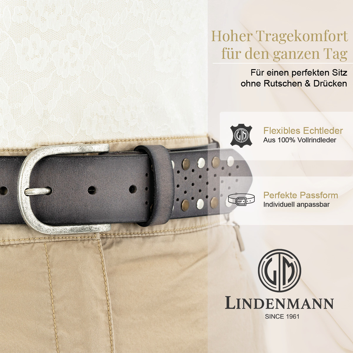 LINDENMANN Vollrindsleder Damengürtel Urbanes Grau