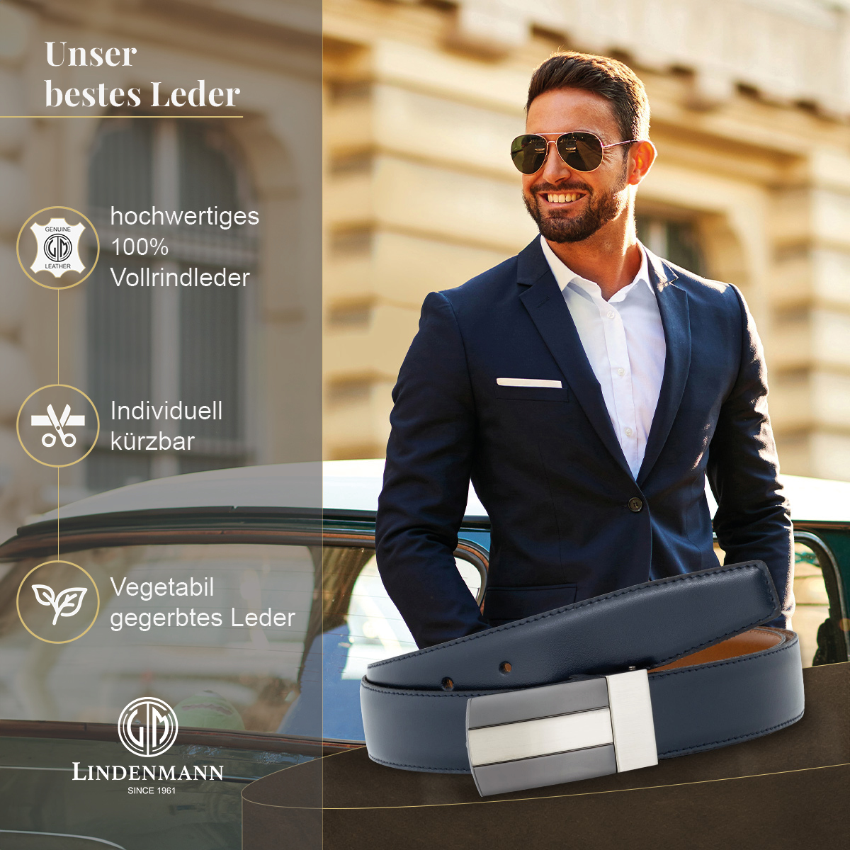 LINDENMANN Herrenwendegürtel mit Koppelschließe aus 100% Vollrindleder marine/cognac