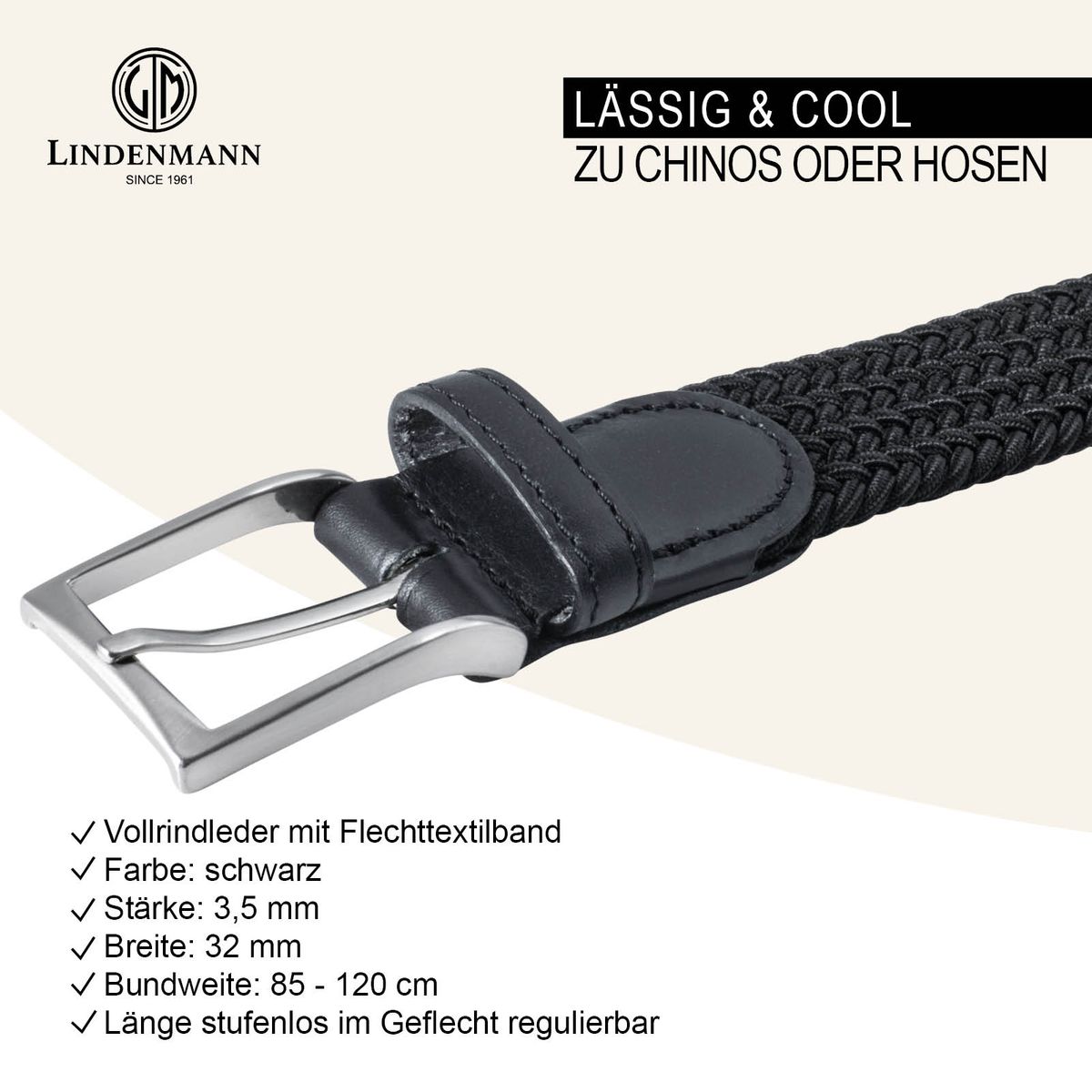 LINDENMANN Textil-Flechtgürtel Herren 35 mm schwarz