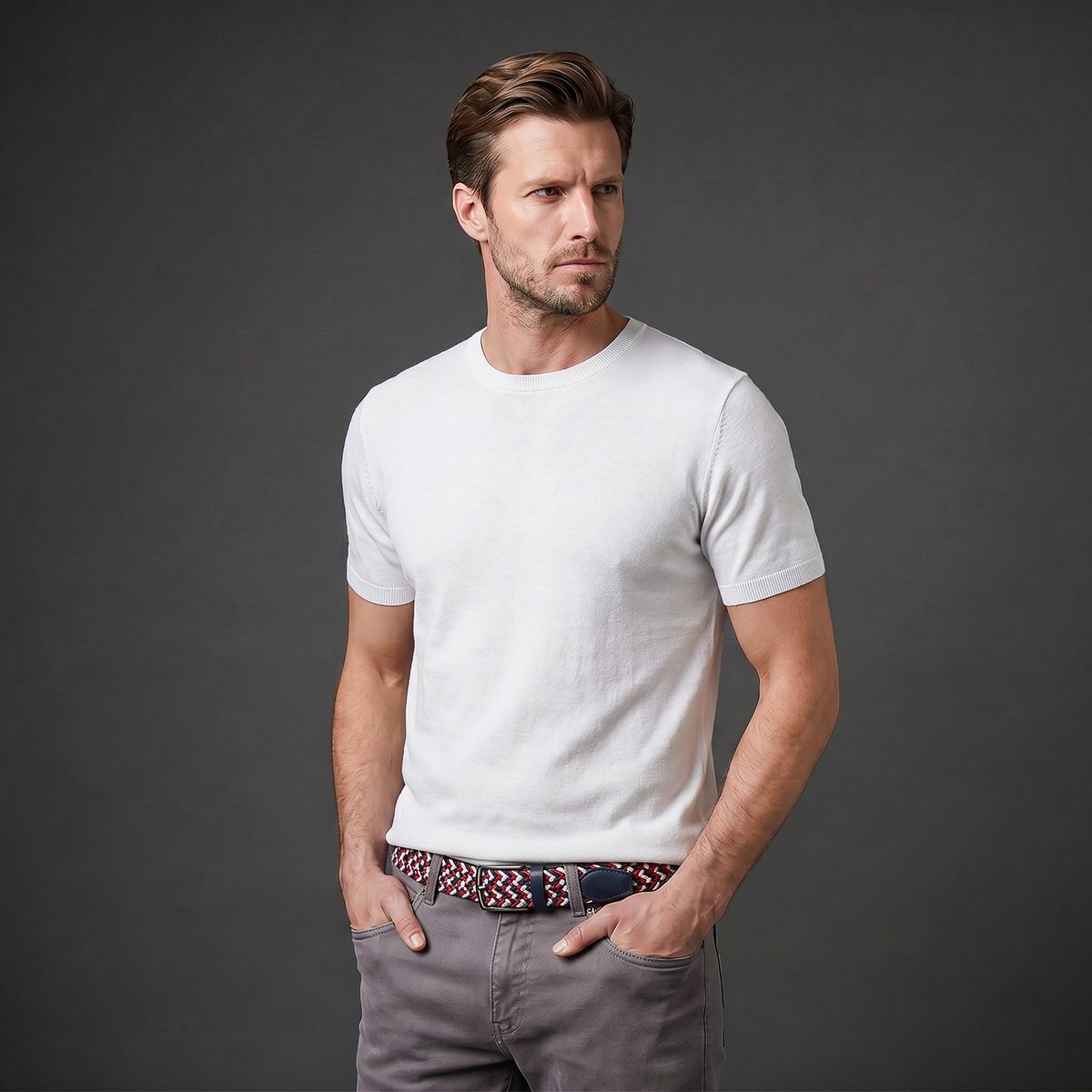 T-Shirt, Weiß, Kurzarm, Herren, Kleidung, HECHTER Paris Herren Textil-Flechtgürtel mit 100% Echtlederenden rot/weiss/marine