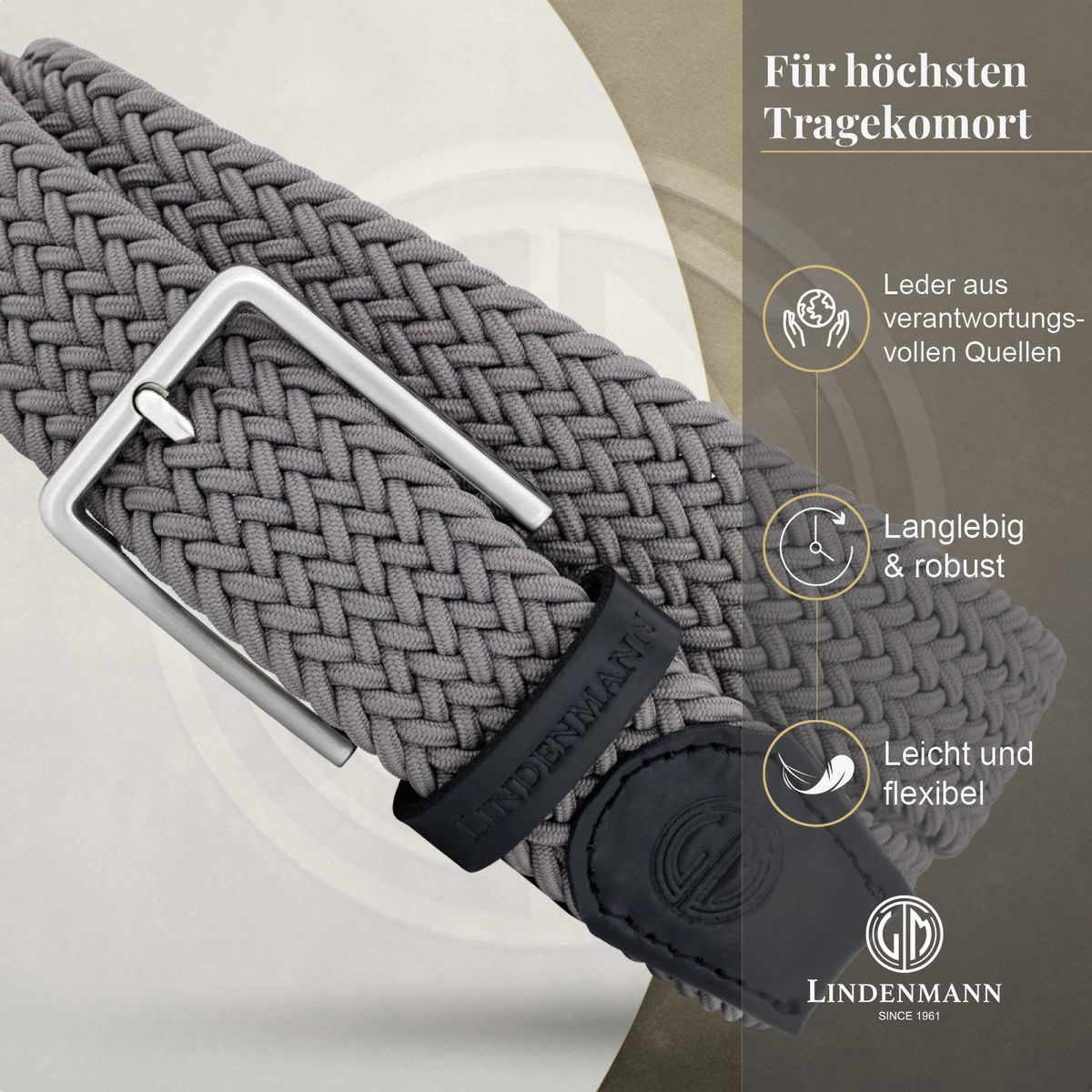 LINDENMANN Flechtgürtel Herren grau