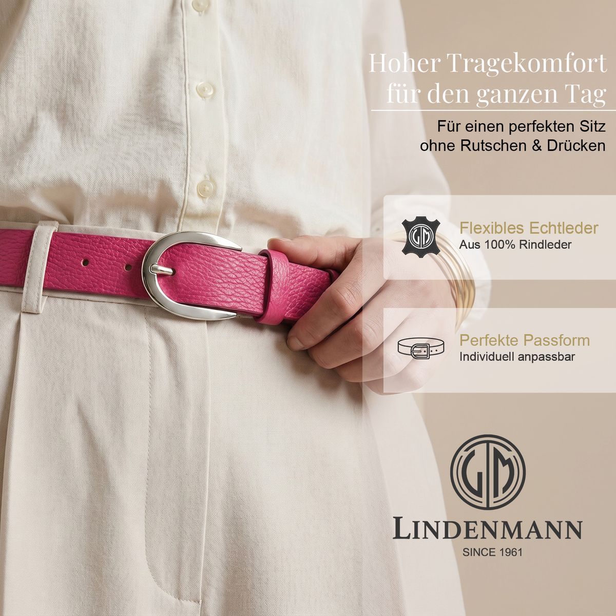 LINDENMANN Klassischer Damengürtel aus 100% Echtleder pink