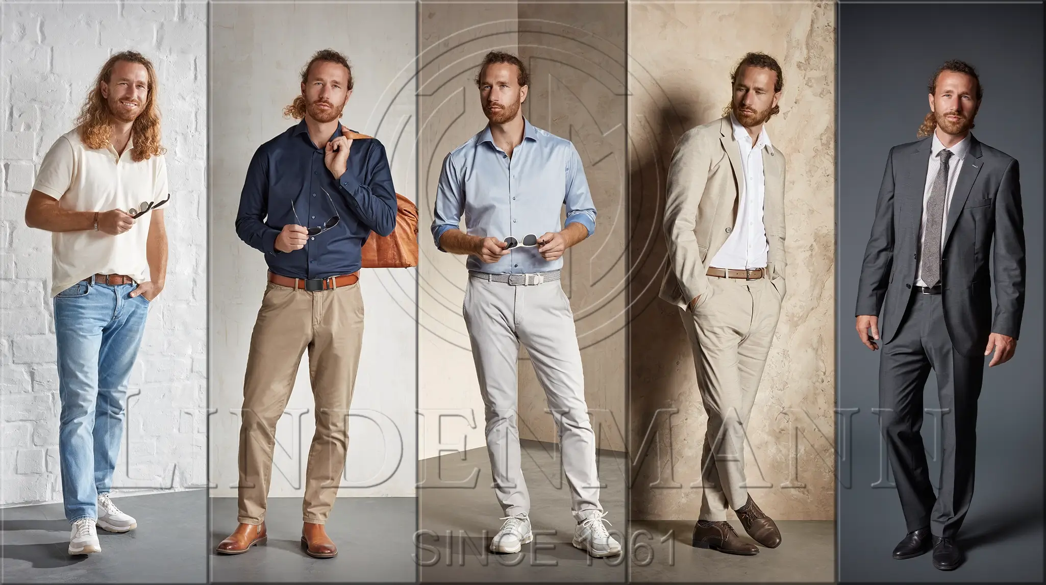 Lindenmann Gürtel Inspiration – verschiedene Moods und Outfits im Überblick Verschiedene Outfits nebeneinander mit Lindenmann Gürteln in Business-, Casual- und Hochzeits-Inspirationen