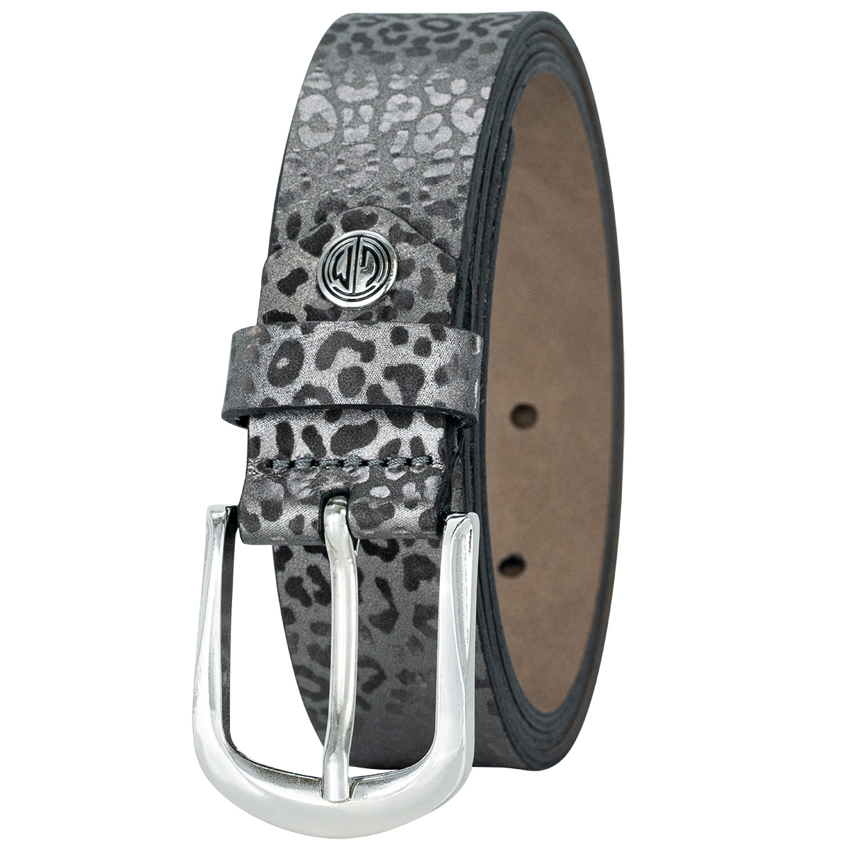 LINDENMANN Rindleder Damengürtel Grau mit Leopardmuster