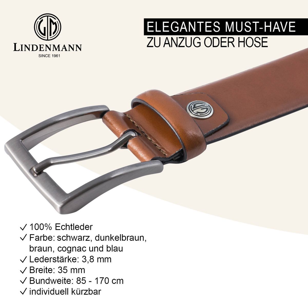 LINDENMANN Anzug-Ledergürtel Herren 35 mm XL Rindleder cognac