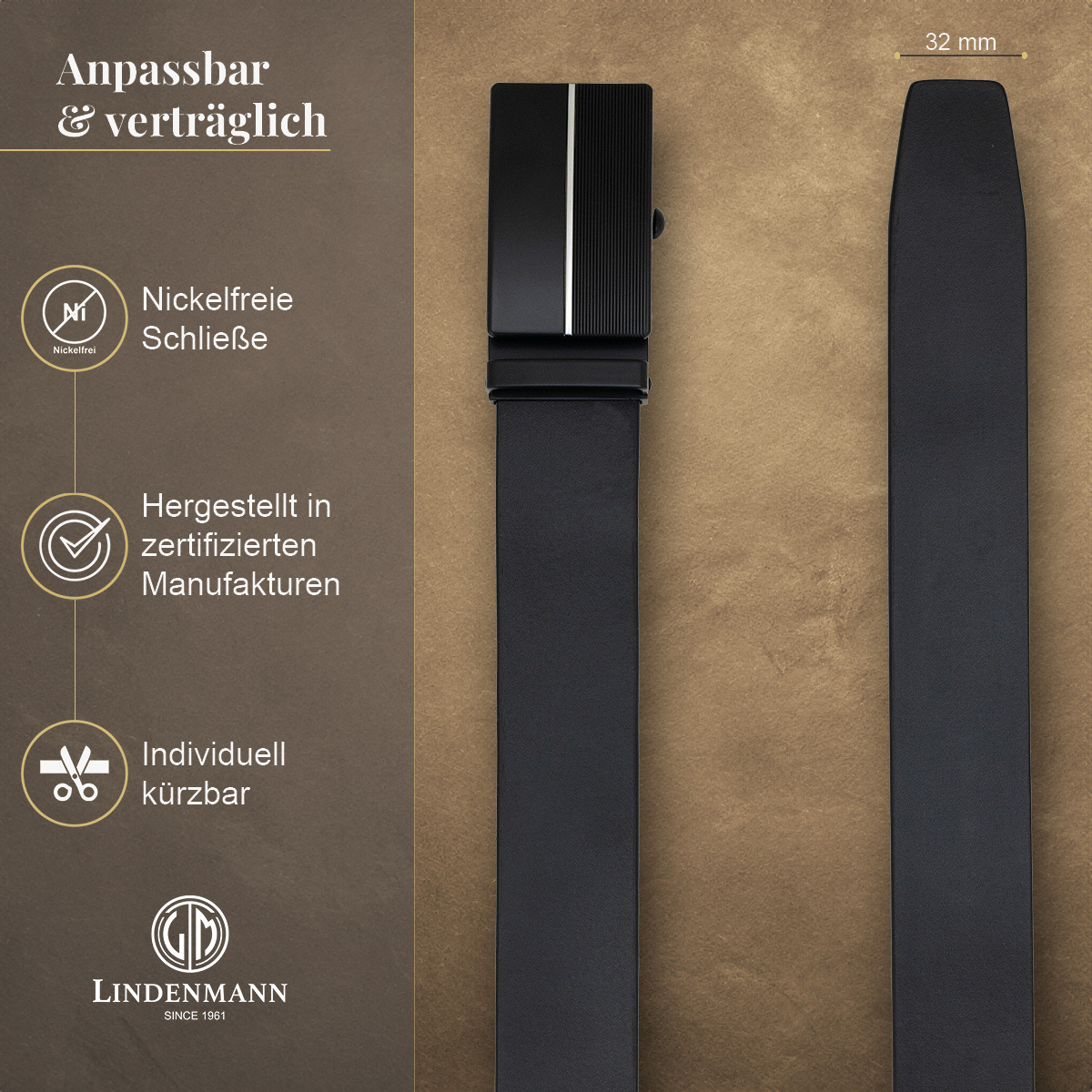 LINDENMANN Vollrindleder Herrenautomatikgürtel Onyx