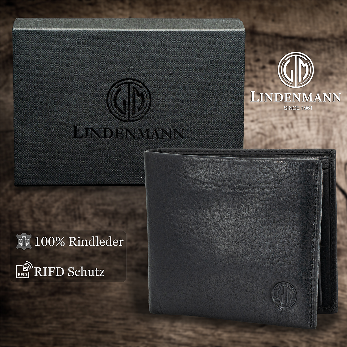 LINDENMANN Herren Leder Portemonnaie schwarz