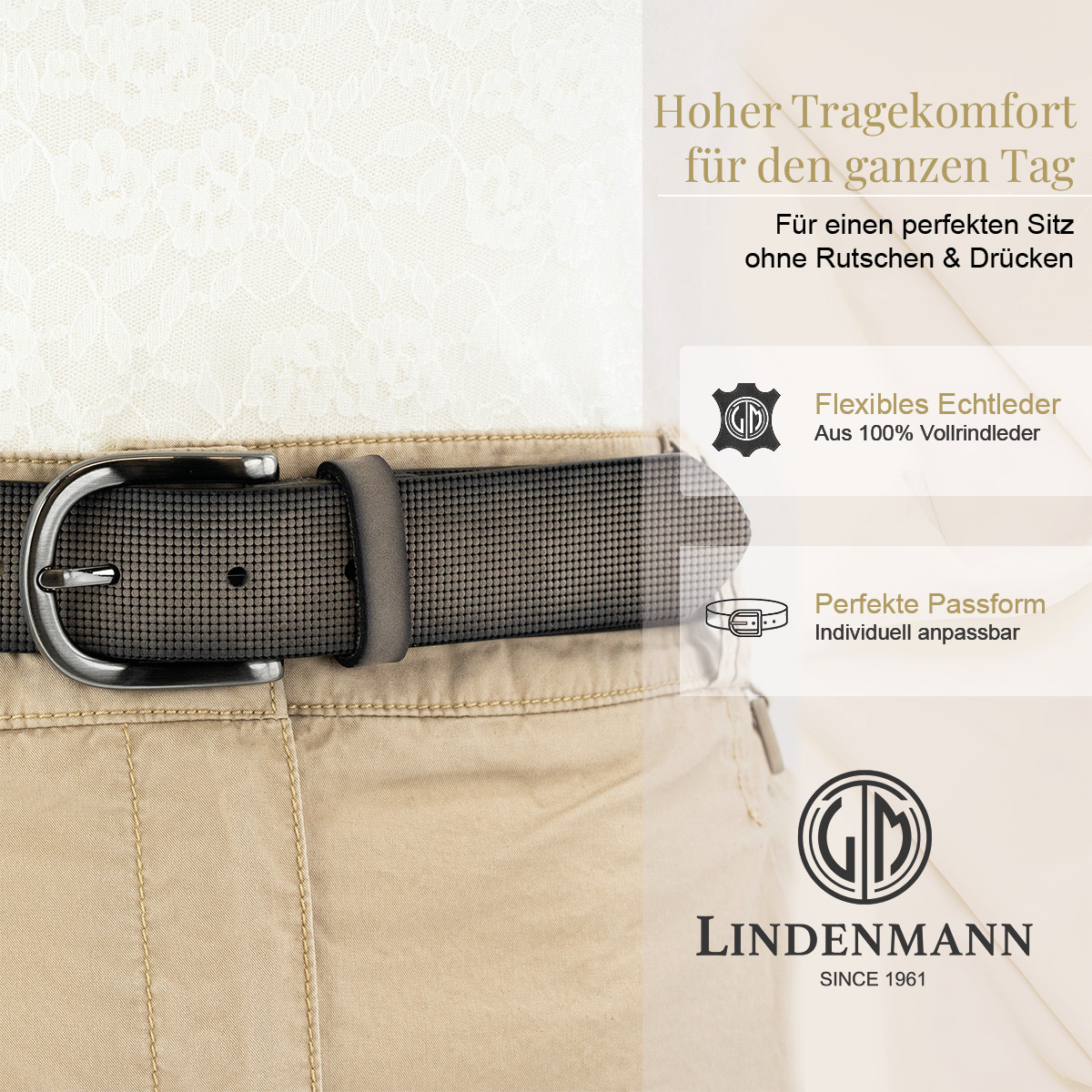 LINDENMANN Vollrindsleder Damengürtel Urbanes Grau