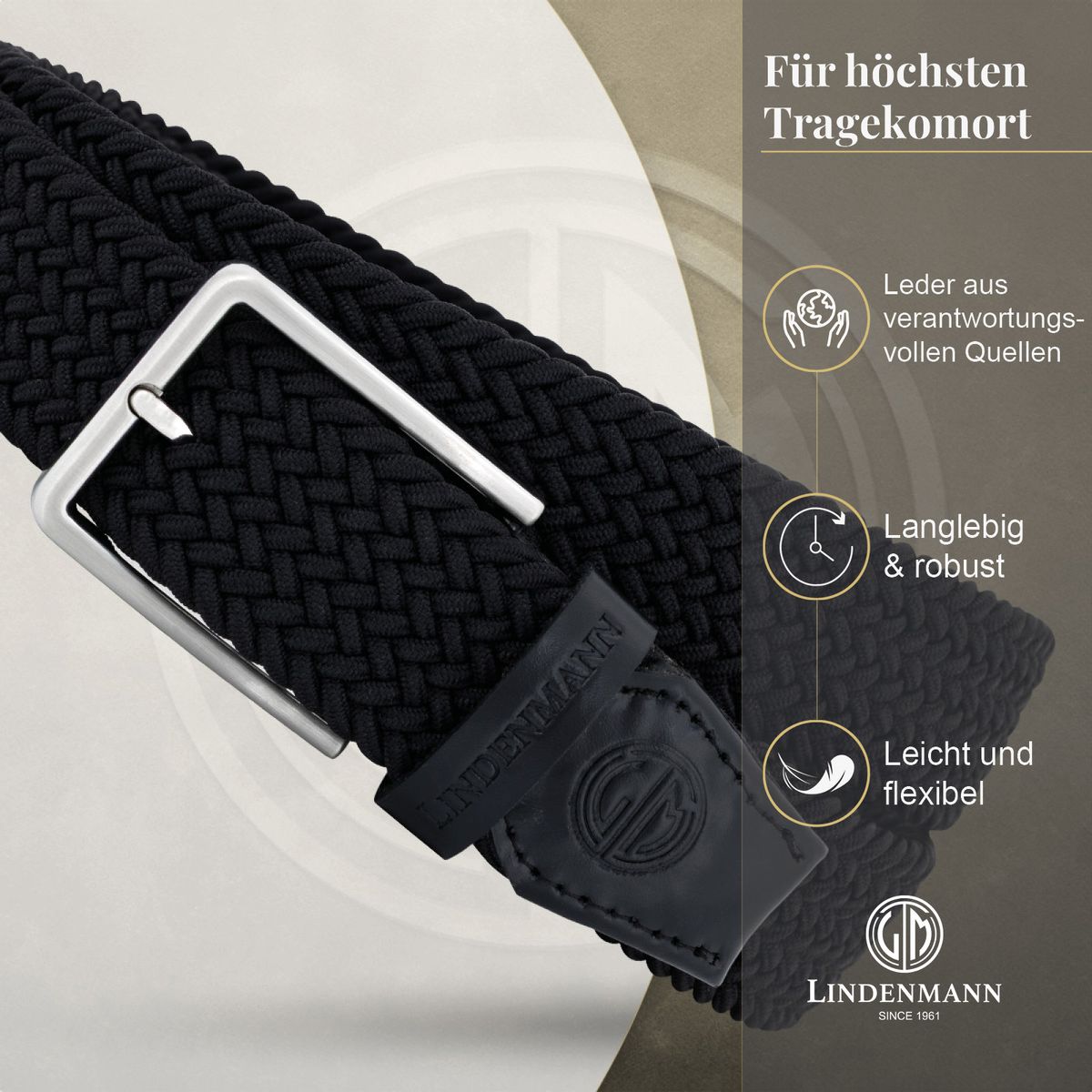 LINDENMANN Flechtgürtel Herren schwarz