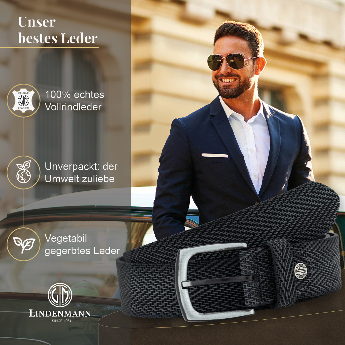 LINDENMANN Vollrindledergürtel Herren Anthrazit