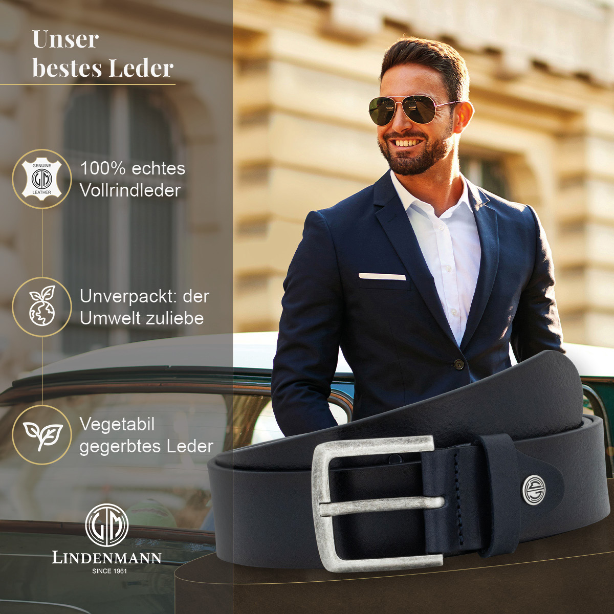 LINDENMANN Vollrindledergürtel Herren Marine