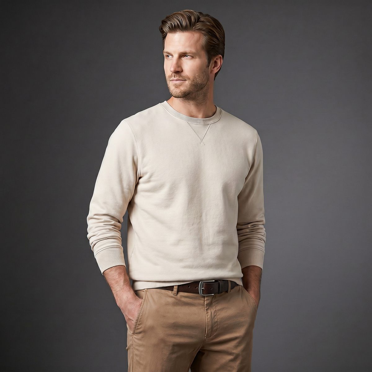 Pullover, Beige, Sweatshirt, Rundhalsausschnitt, Lange Ärmel, HECHTER Paris Herren Casual Echtledergürtel braun