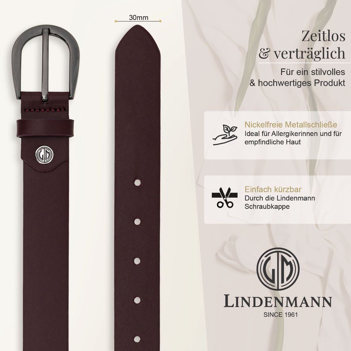 LINDENMANN Klassischer Damengürtel aus 100% Echtleder bordeaux