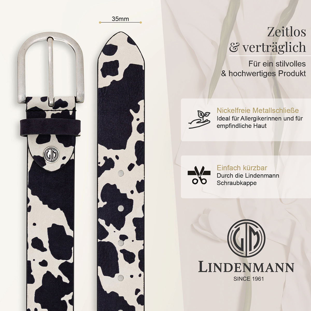 LINDENMANN Animal-Print Damengürtel aus 100% Echtleder schwarz-weiß