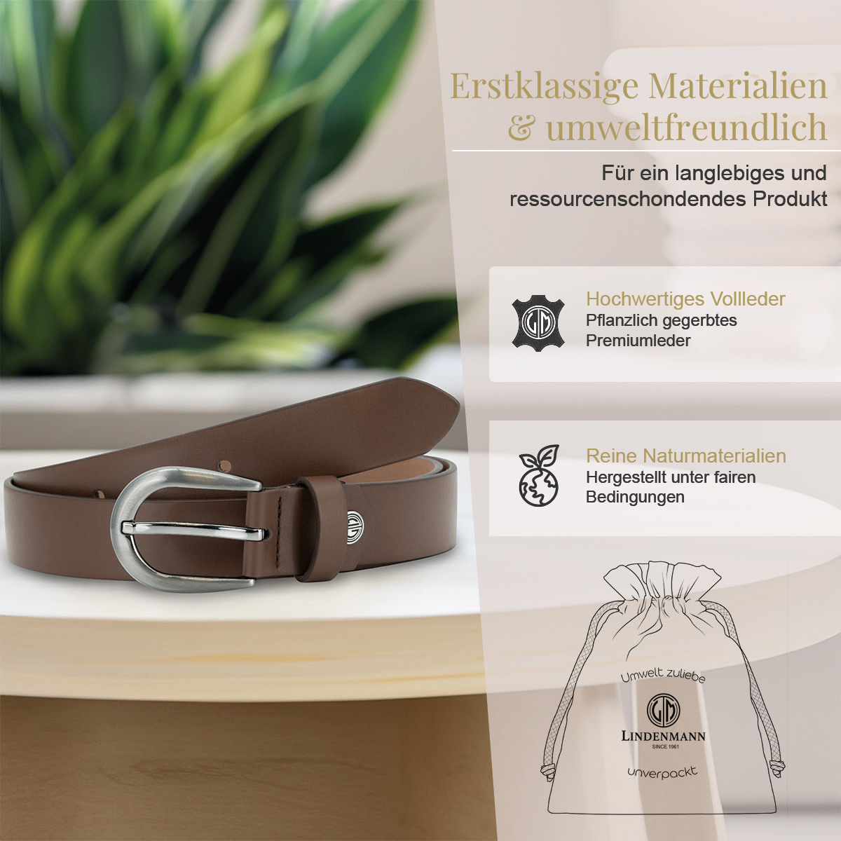 LINDENMANN Rindsleder Damengürtel Nussbraun