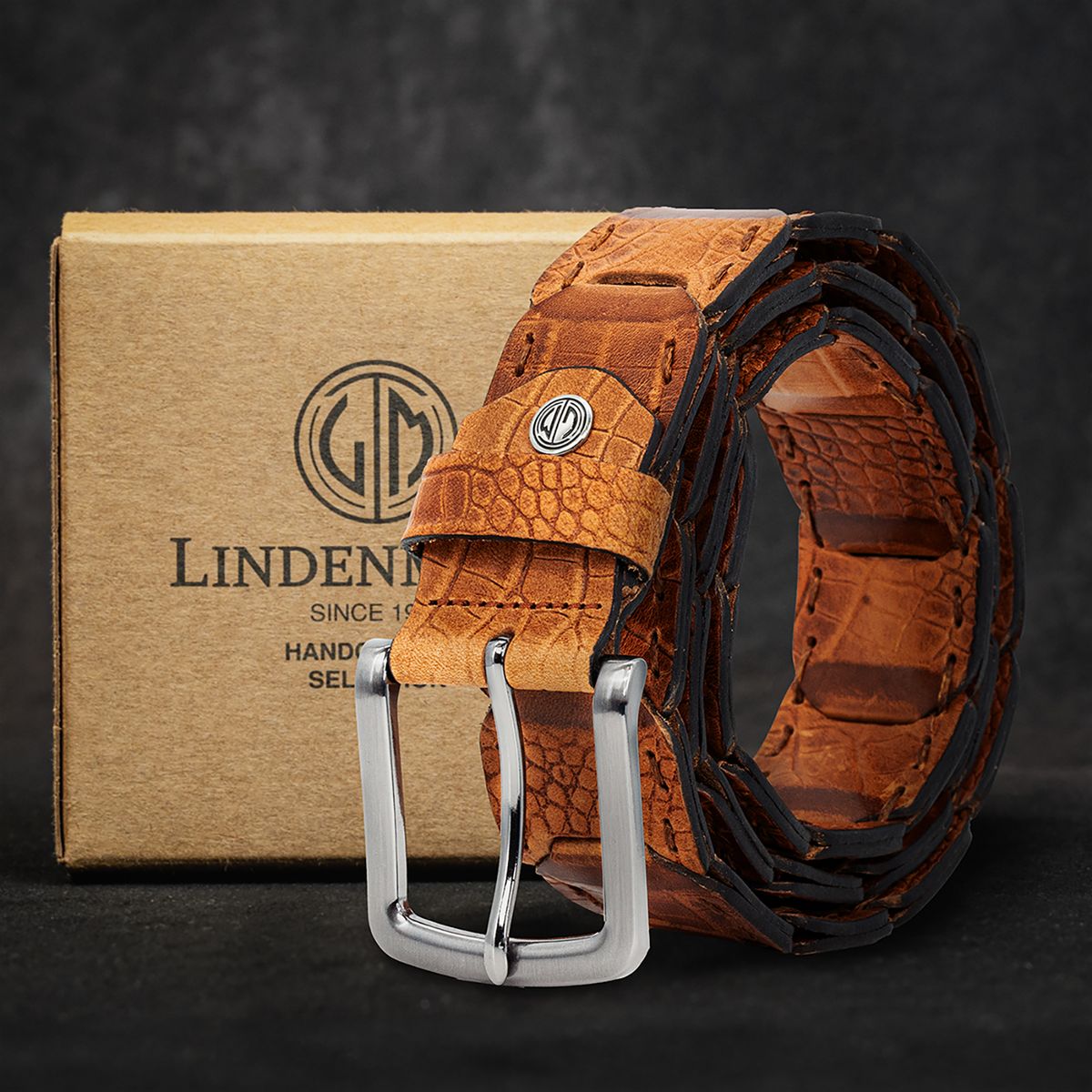 LINDENMANN Herren Ledergürtel Handmade cognac