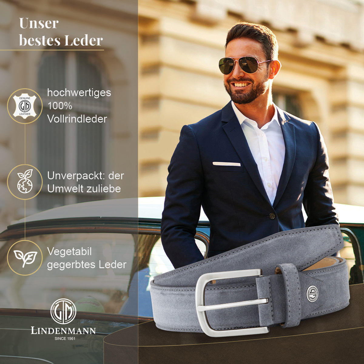 LINDENMANN Herrengürtel aus 100% Velours-Vollrindleder grau