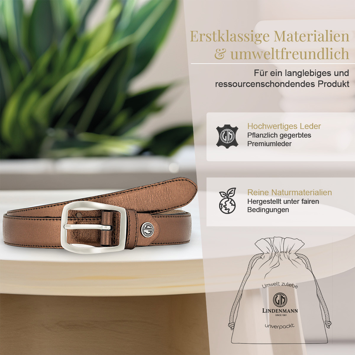 LINDENMANN Rindleder Damengürtel Braun Metallic