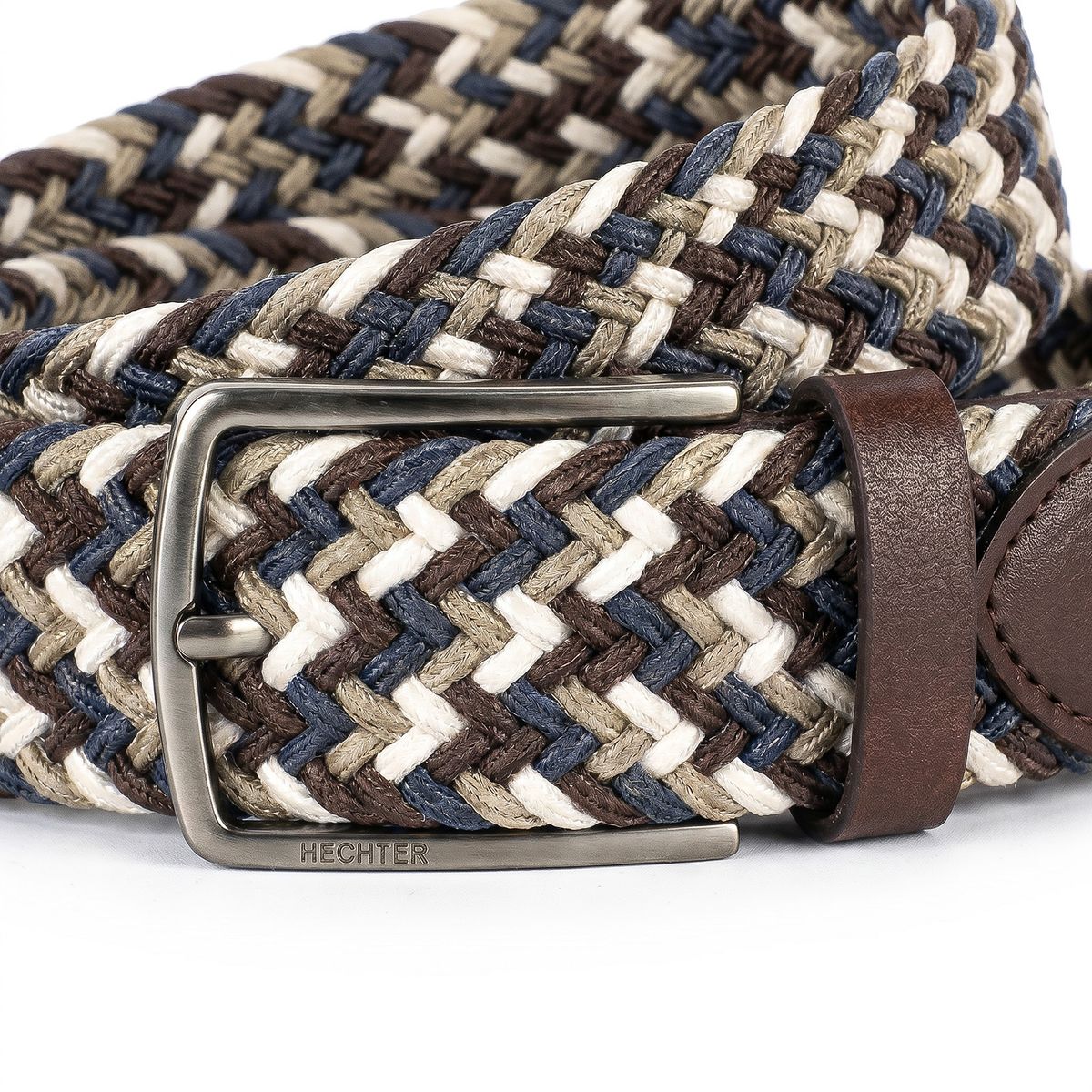 Gürtel, Geflochten, Mehrfarbig, Metall-Schnalle, Lederriemen, HECHTER Paris Herren Textil-Flechtgürtel mit 100% Echtlederenden marine/braun/taupe
