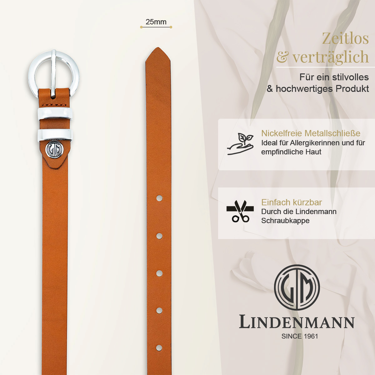 LINDENMANN Nappa Vollrindleder Damengürtel Cognac