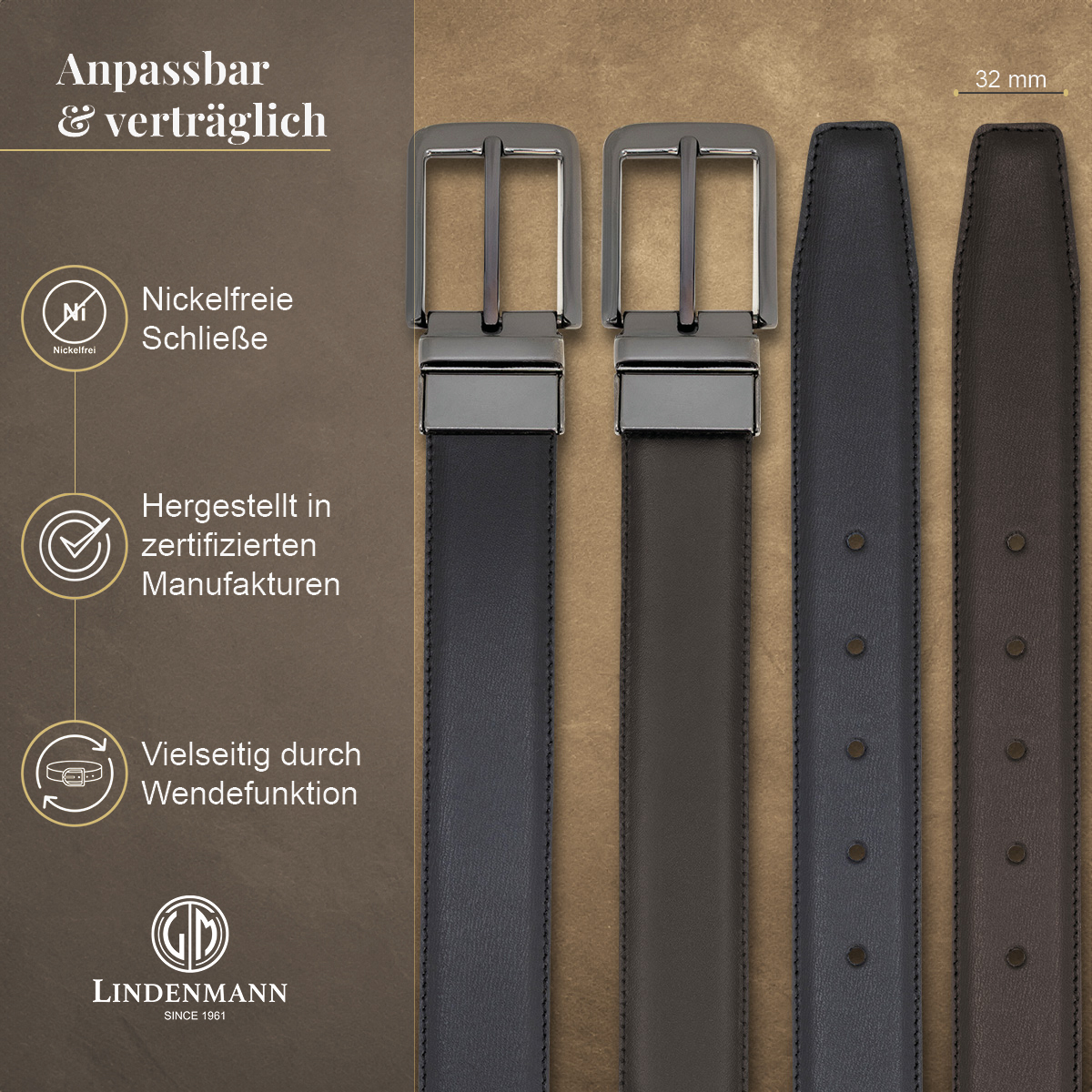 LINDENMANN Herrenwendegürtel aus 100% Vollrindleder schwarz/dunkelbraun