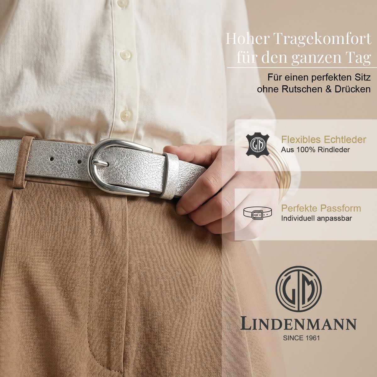 LINDENMANN Klassischer Damengürtel aus 100% Echtleder mit Glitzer-Design silber