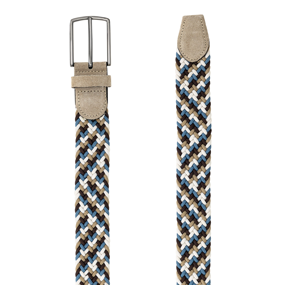 Gürtel, Geflochten, Multicolor, Riemen, Lederdetails, LINDENMANN Herren Flechtgürtel mit Echtleder an den Enden mehrfarbig: taupe, dunkelbraun, jeansblau