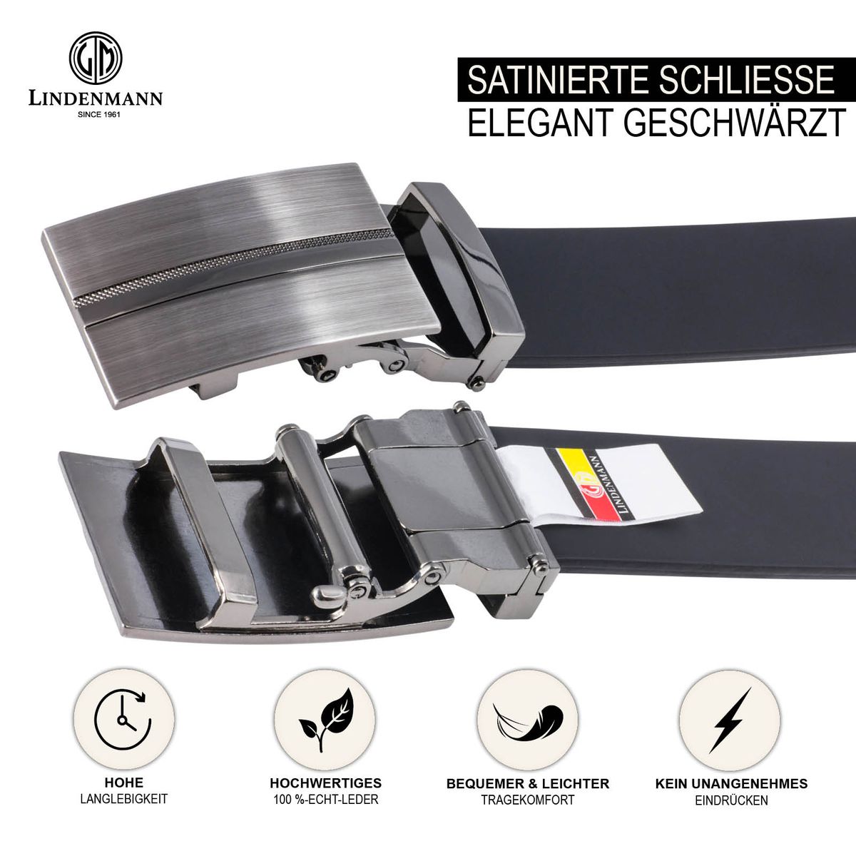 LINDENMANN Leder-Gürtel Herren Automatik 40 mm Rindleder schwarz