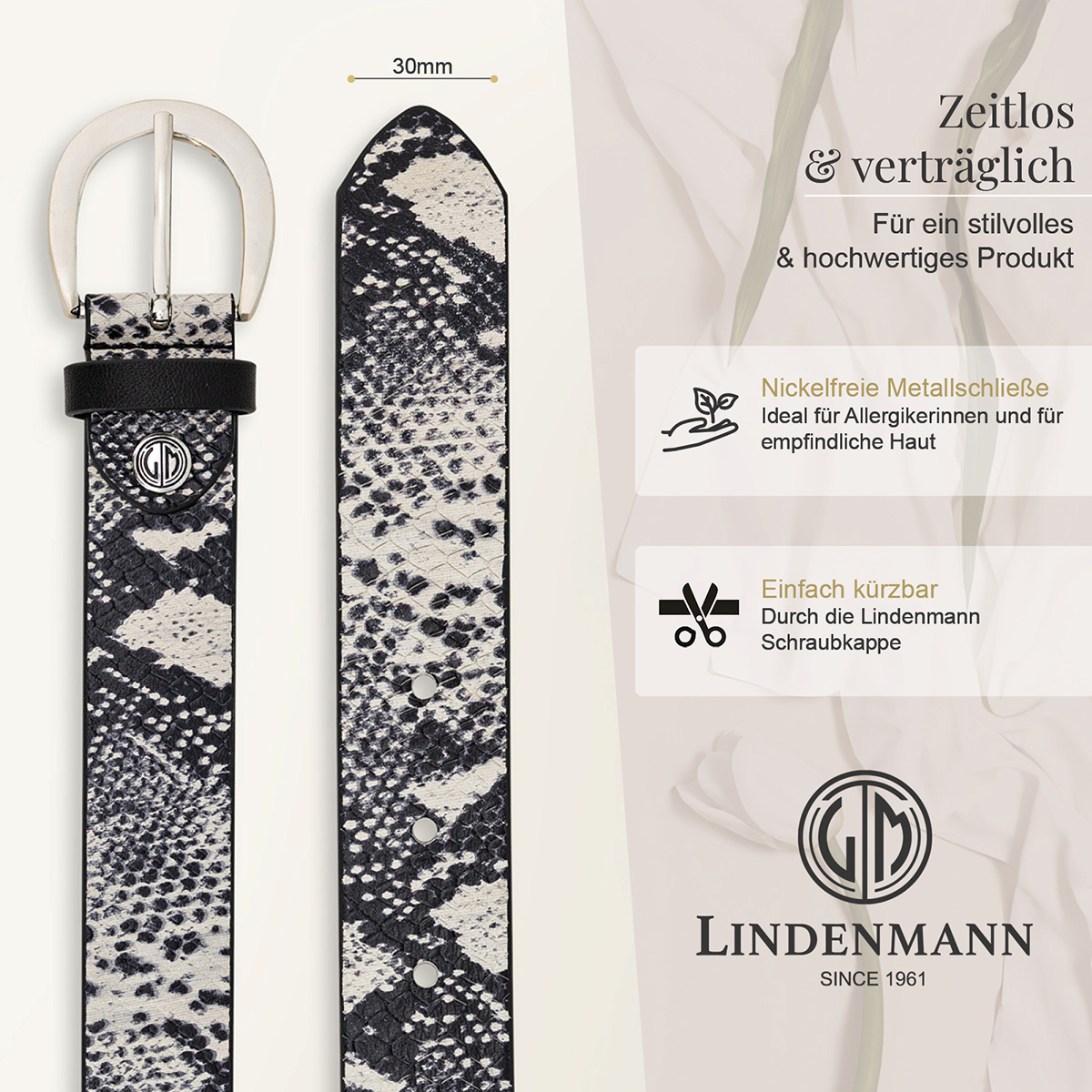 Gürtel, Ledergürtel, Snake-Print, Schwarz-weiß, Metallöse, LINDENMANN Damen Echtledergürtel schwarz weiß