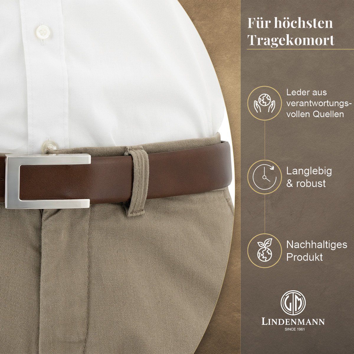 LINDENMANN Vollrindleder Herrengürtel Nussbraun