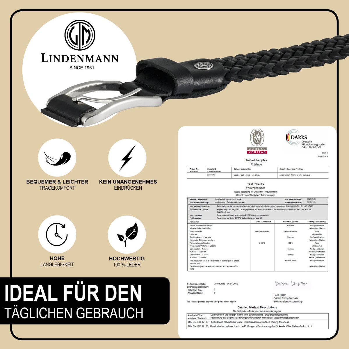 LINDENMANN Gürtel Herren geflochten 35 mm schwarz