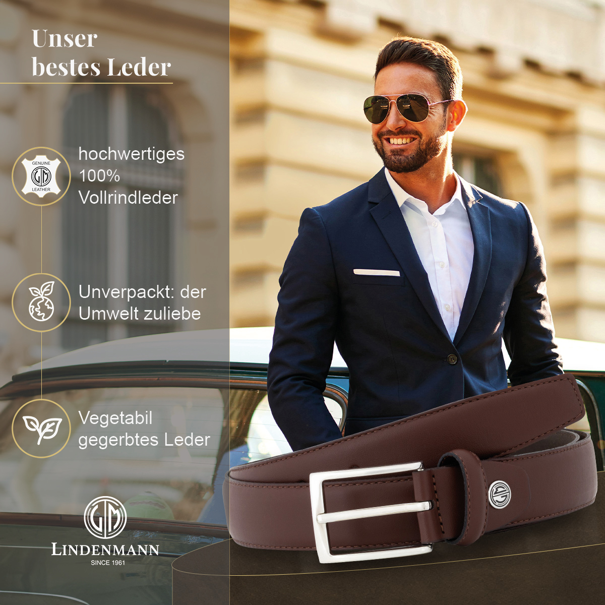 LINDENMANN Herrengürtel aus 100% Vollrindleder mogano