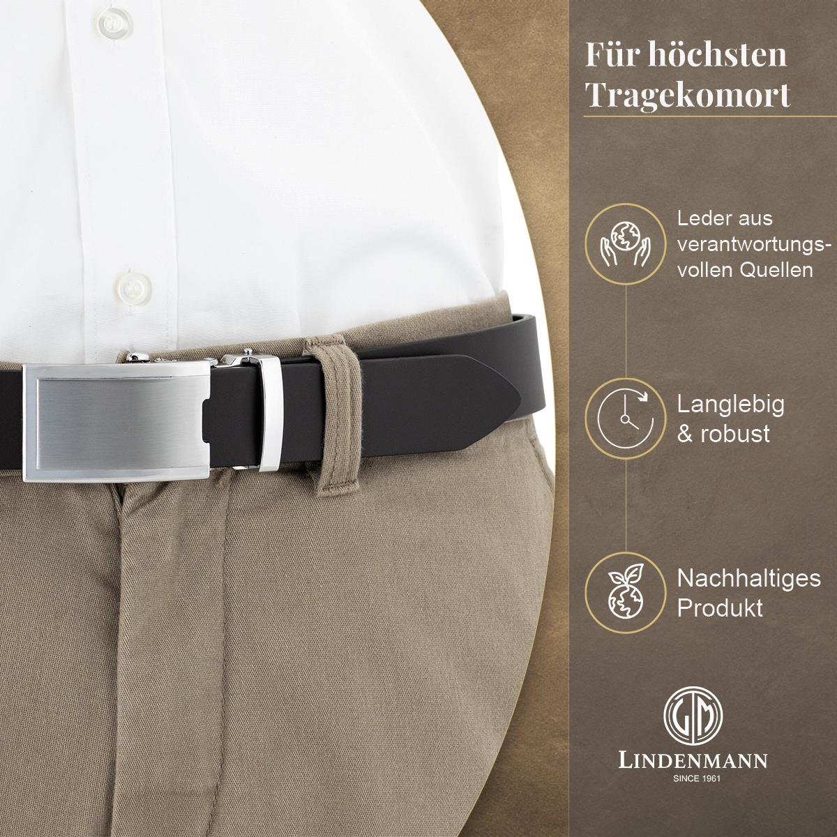 LINDENMANN eleganter Anzugautomatikgürtel für Herren aus 100% Vollrindleder in dunkelbraun passend zu elegantem Stil