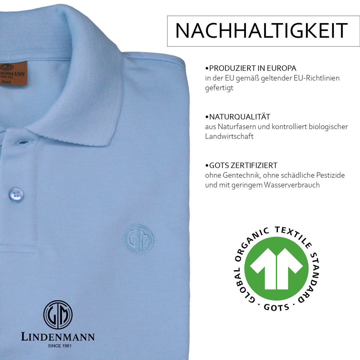 LINDENMANN Poloshirt Herren slim fit kurzarm hellblau Bio Baumwolle Made in EU