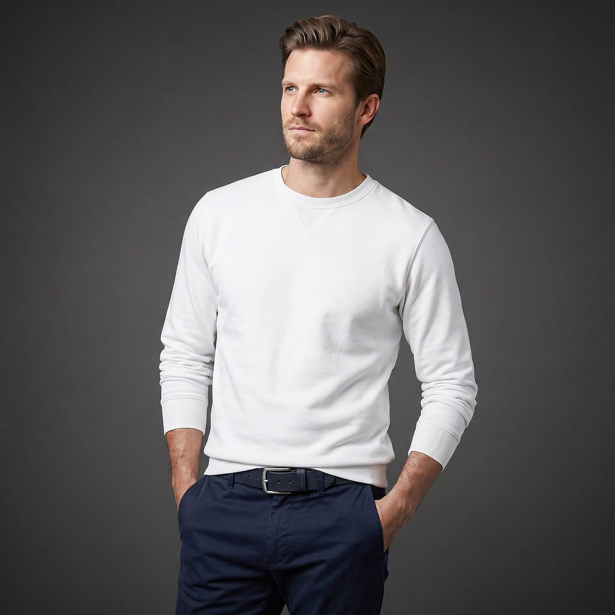 weißes Sweatshirt, Rundhalsausschnitt, lange Ärmel, casual wear, Herrenpullover, HECHTER Paris Herren Casual Echtledergürtel marine